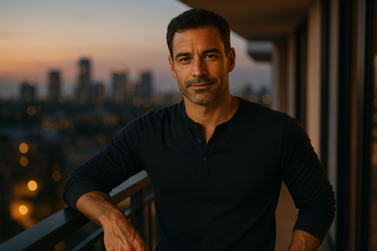 A confident middle-aged man relaxing on his balcony at dusk