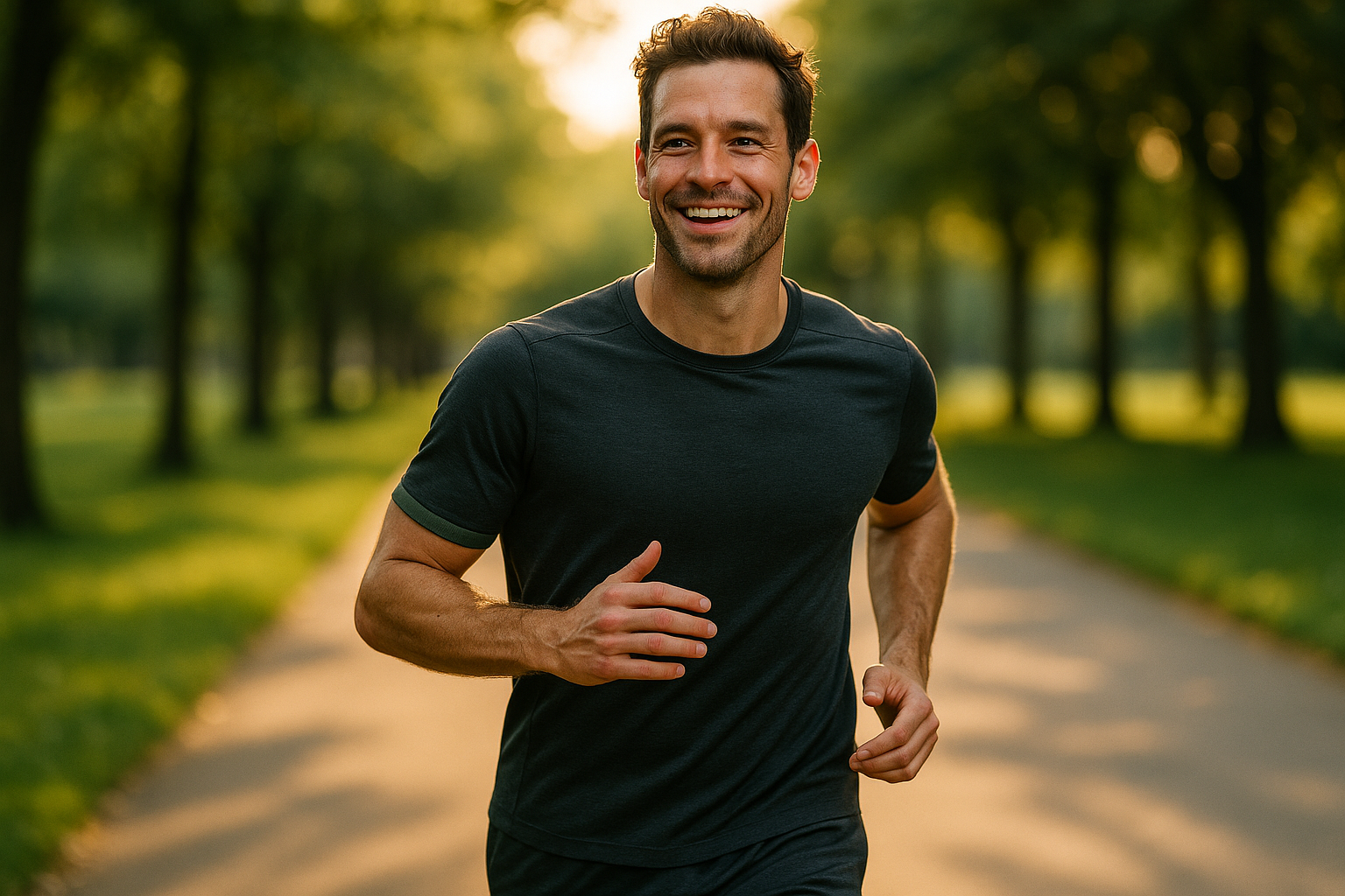 Active, healthy man jogging in a green park at golden hour
