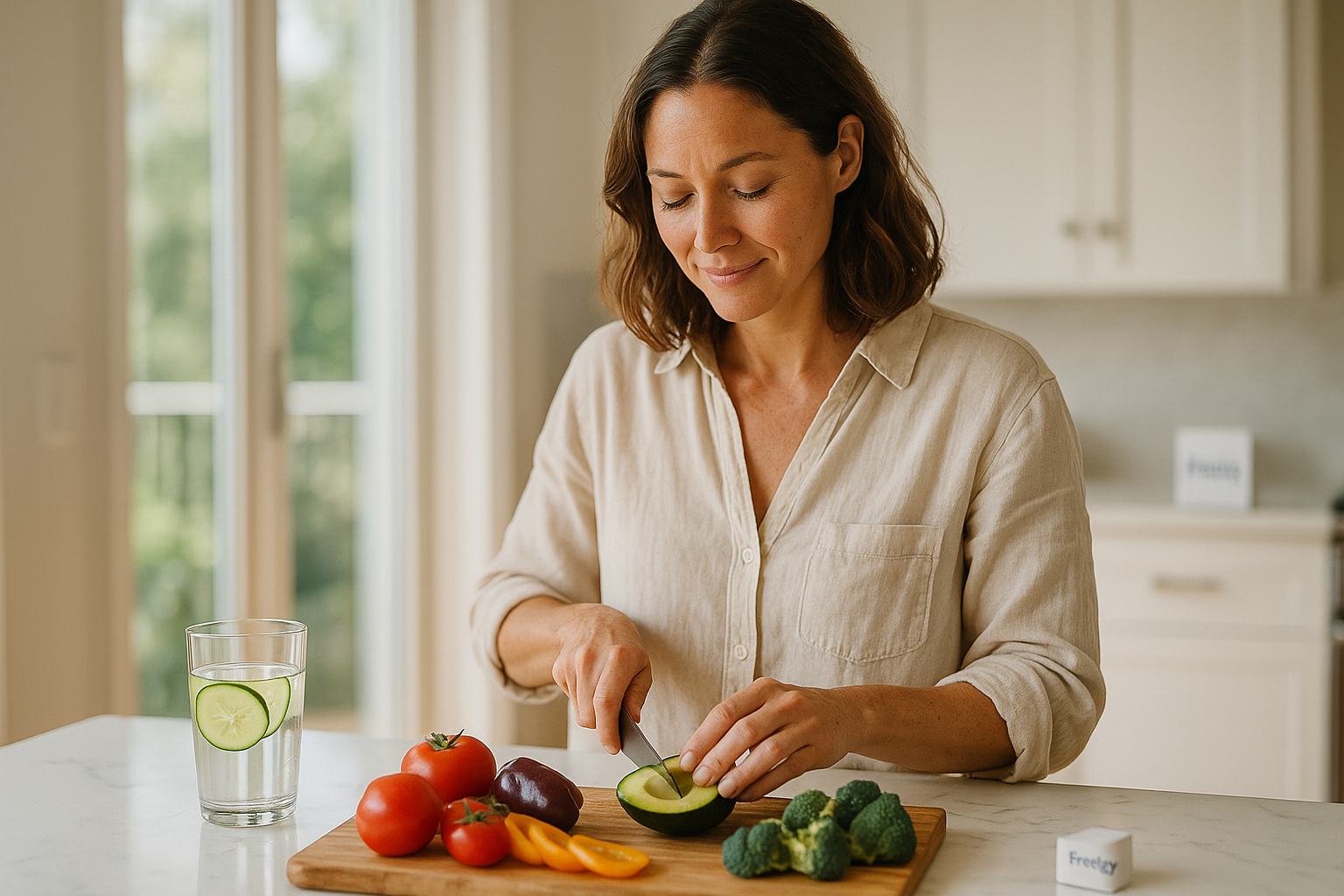 Healthy woman preparing a fresh meal in modern kitchen