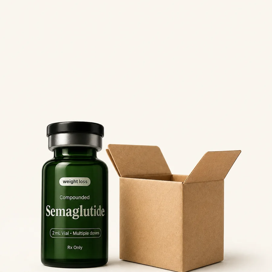 Compounded Semaglutide vial with shipping box